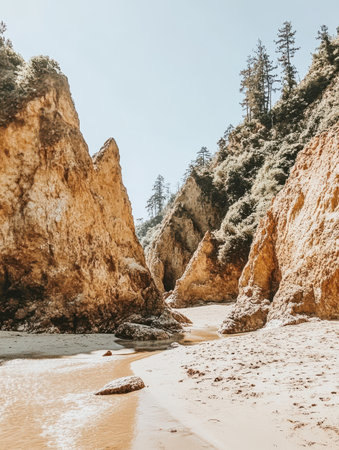 Stunning Coastal Cliffs Sandy Beach Nature Scene Oregon Coast sky view calm wild ocean rocks waterの素材