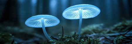 Glowing Blue Mushrooms in Dark Forest Mystical Night Nature Photography cap art stem life fungiの素材