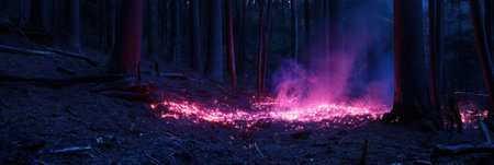 Pink Fire Embers Glowing in Dark Forest Night Mystical Nature Scene Magical Forest Fire red art burnの素材