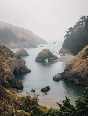 Misty Coastal Cliffs Dramatic Ocean View Scenic Seascape Rock Formations fog sky calm wild grey blueの素材