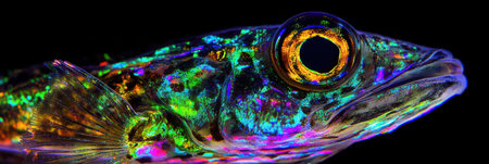 Vibrant Rainbow Fish Detailed Closeup Macro Photography sea eye fin art neon glow dark ocean imageの素材