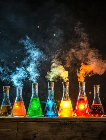 Colorful Erlenmeyer Flasks with Smoke Magical Potion Alchemy Experiment red blue dark wood glassの素材