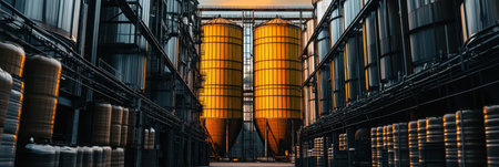 Industrial Brewery Factory Golden Silos Metal Structure Beer Production dark tanks drink steel pipesの素材