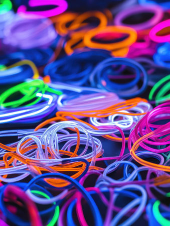 Bright Neon Glowing Wires Colorful Abstract Background Design Art Party Night Style Image Photoの素材