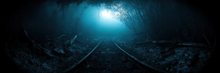 Mysterious Dark Forest Railroad Tracks Spooky Blue Night Scene fog old path mood tone teal deepの素材