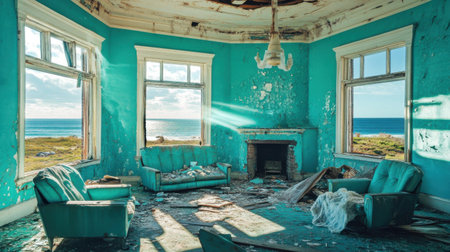 Ocean View Abandoned Turquoise Room Vintage House Interior Decaying sea old worn sofa blue teal moodの素材