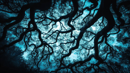 Majestic Ancient Tree Branches Silhouette Teal Sky Nature art dark blue view image design forestの素材