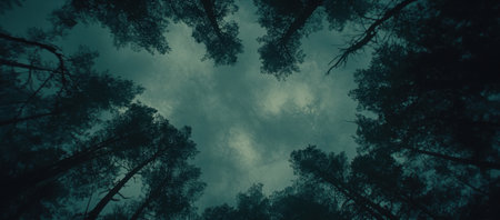 Dark Teal Forest Canopy Mysterious Sky View Nature Scene Photography art calm blue trees woods moodyの素材