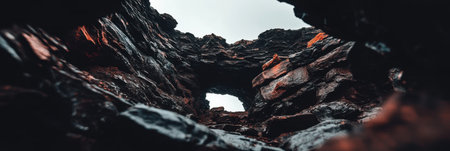 Dark Volcanic Rock Formation Dramatic Nature Scene AweInspiring Cliffside View Rugged Textureの素材