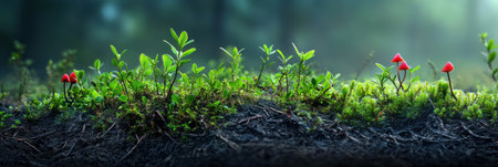 Vibrant Red Mushrooms Tiny Plants Green Moss Forest Floor Nature Photography cap life dark stem leafの素材