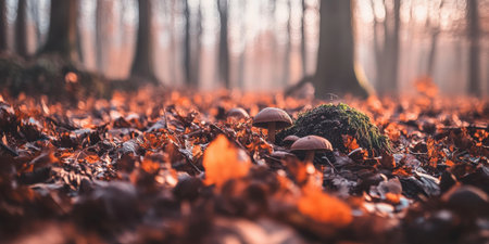 Autumn Forest Mushrooms Brown Leaves Sunlight Nature Scene red cap fall tree soil fall stem treesの素材