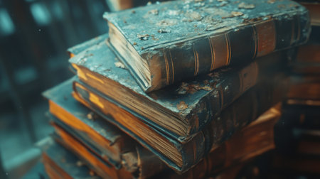 Antique Stack of Dusty Old Books Vintage Library History Textured aged dark blue teal worn time pastの素材