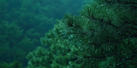 Rainy Day Pine Tree Branch Green Nature Forest Background wet dark mood calm teal deep rich lushの素材