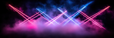 Abstract Neon Laser Lines Pink Blue Smoke Background art glow dark club show rays light beams vividの素材