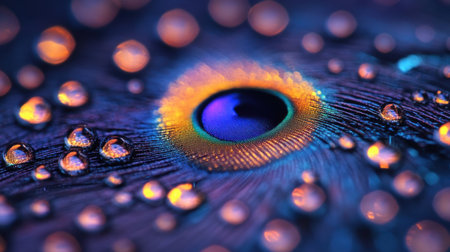 Vibrant Peacock Feather Macro Shot with Dew Drops Stunning Jewel Tones Nature Photography art blueの素材