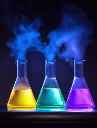 Colorful Chemical Liquids in Erlenmeyer Flasks Science Experiment lab blue test green tubes smokeの素材