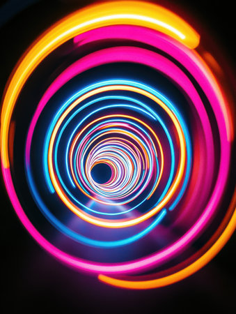 Abstract Neon Light Tunnel Swirling Vibrant Pink Blue Orange art dark style speed lines colorsの素材
