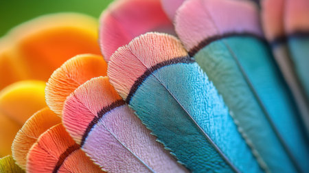 Vibrant Bird Feathers Closeup Macro Photography Colorful Texture Background art pink blue teal softの素材