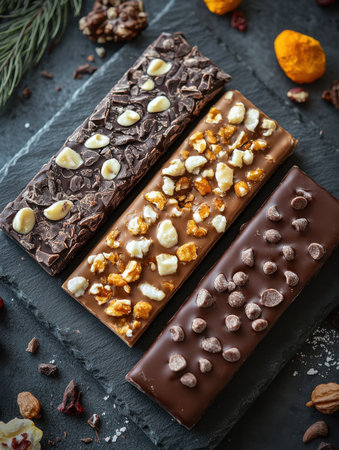 Artisan Chocolate Bars with Nuts and Toppings Arranged on Dark Slate Surfaceの素材