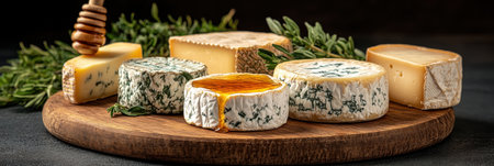 Delicious cheese platter with honey and herbs set on wooden board.の素材