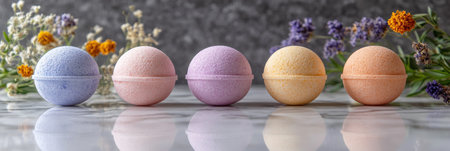 Colorful bath bombs in a spa setting, floral background for self-care.の素材