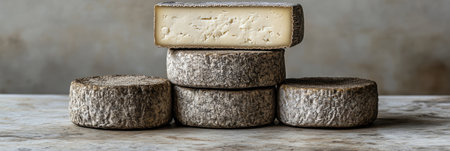 Artisanal Cheese Still Life: Rustic Cheeses Stacked Elegantly on a Grey Backgroundの素材