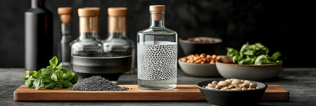 Craft Spirits Still Life: A Bottled Infusion with Natural Ingredients Displayの素材