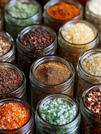 Assorted spices and sugar in glass jars, showcasing vibrant colors and textures.の素材