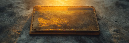 Rustic brown leather wallet with card peeking out on textured surfaceの素材