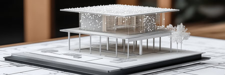Architectural House Model: A Detailed White Structure on Blueprint Backgroundの素材