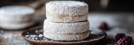 Stacked Alfajores Cookies Dusted with Powdered Sugar, a Sweet Treat Dessertの素材