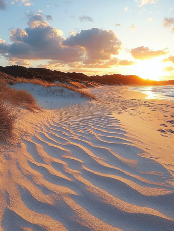 Sand Dune Textures at Sunset, Coastal Landscape with Dramatic Sky and Lightの素材