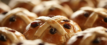 Delicious Golden Brown Hot Cross Buns Easter Sweet Bread Egg Food Milk Soft Warm Treatの素材