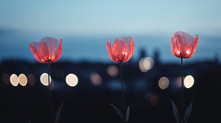 Three red translucent flowers with city lights bokeh in the background at twilight timeの素材