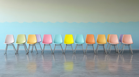 A row of colorful chairs against a blue wall with a wavy design in a waiting room settingの素材