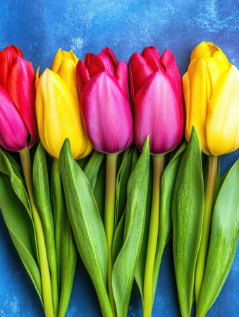 A close up of colorful tulips with green stems against a textured blue background surface viewの素材