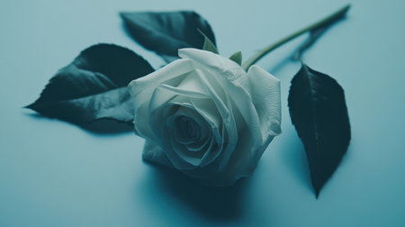 A single white rose with dark green leaves resting on a soft blue surface in dim lightingの素材