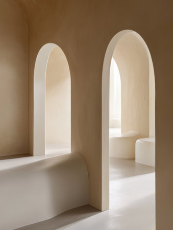 Interior view of a room with multiple arched doorways and minimalist furniture in neutral tonesの素材