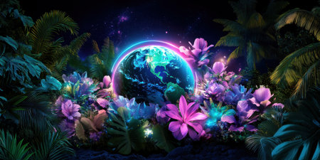Glowing earth surrounded by vibrant flowers and lush foliage under a starry night sky sceneの素材