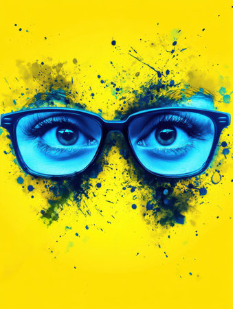 Close up of eyes with blue glasses against a yellow background with paint splatter effect artの素材