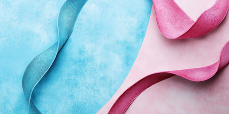 Elegant pastel backdrop featuring a blue textured surface and a pink ribbon with a gentle curveの素材