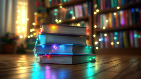 A stack of three books wrapped in colorful string lights on a wooden surface with a bookshelf behindの素材