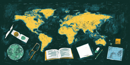 World map with globe, glasses, open book, and other stationery items on a dark backgroundの素材