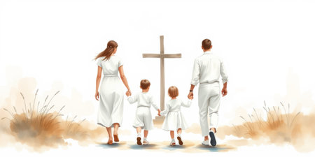 A family of four in white clothing walks hand in hand towards a large cross in a serene landscape with dry grassの素材