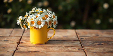 A bouquet of white daisies with yellow centers sits in a bright yellow mug on a rustic wooden table outdoors in natural lightの素材