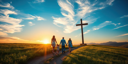 A family of four holding hands and walking together towards a large cross in a serene field at sunriseの素材