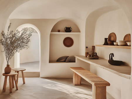 Minimalist Beige Interior Design Modern Home Decor Stylish Wooden Bench room calm cozy arch clayの素材