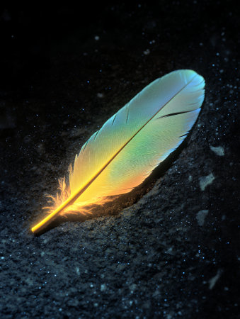 Single Vibrant Bird Feather on Dark Background Detailed Macro Shot up art soft blue fine light greenの素材