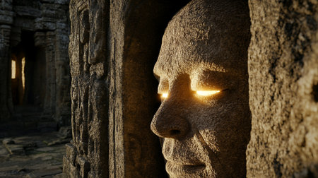 Ancient Stone Face Glowing Eyes Temple Ruins Mystical Mysterious Spiritual Powerful Intricateの素材
