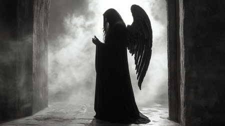 Dark Angel Silhouette Mysterious Figure Wings Gothic Fantasy Shadow Dramatic Monochrome Photographyの素材